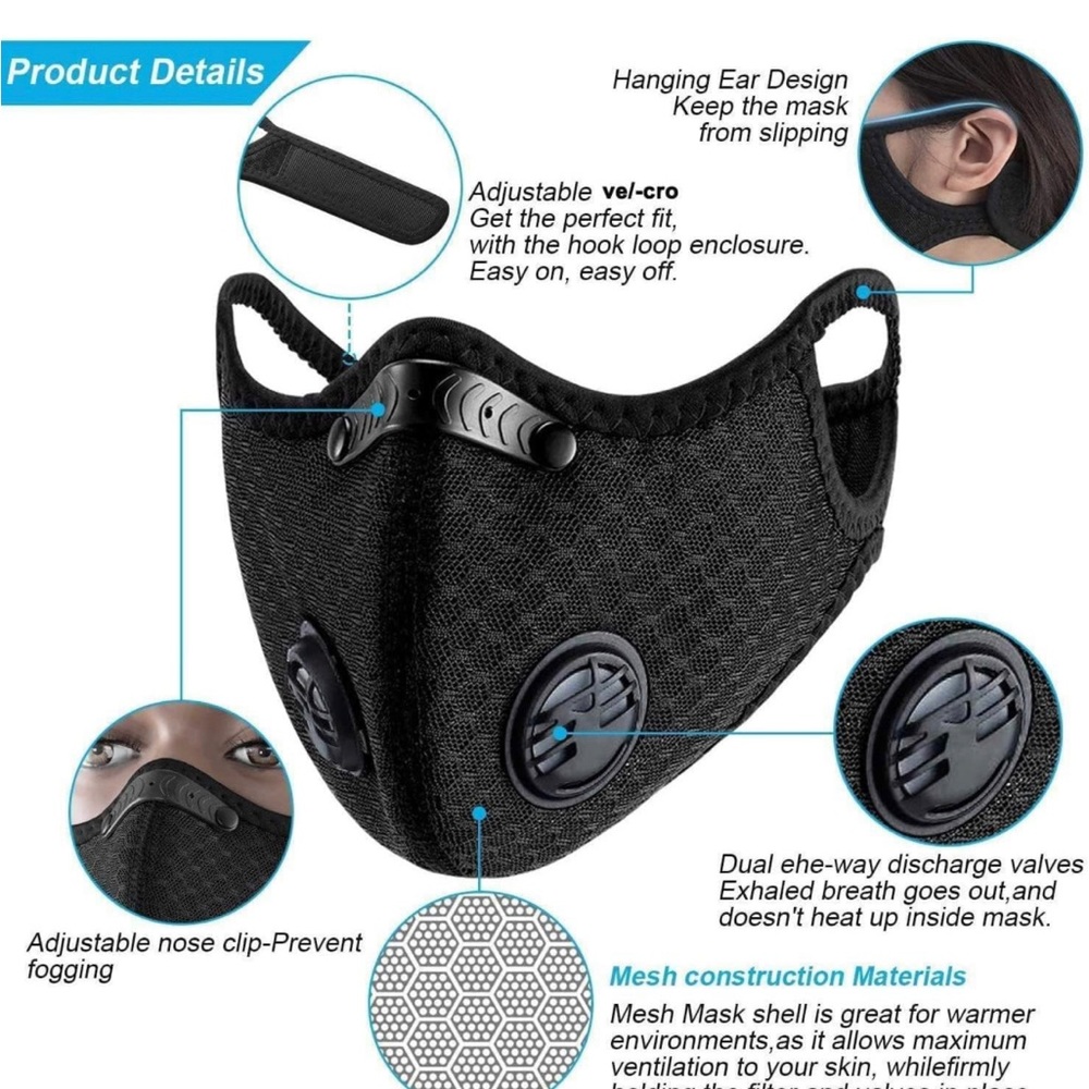 2pc Sport Mask with Exhalation Valves, Carbon Reusable with 4 Filters